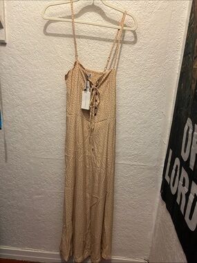 Faithful the Brand Beige Polka Dot Lace-Up Maxi Slip Dress